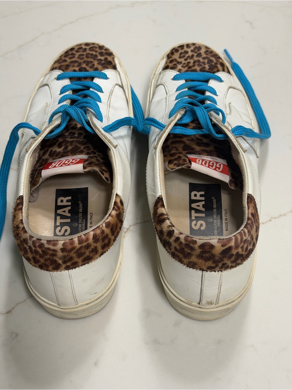 GG Hi Star White Leather Sneakers with Leopard Trim and Blue Laces